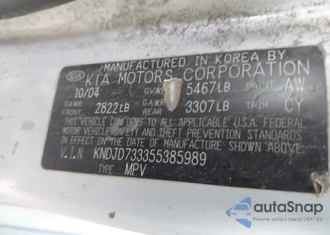 2005 Kia Sorento Ex/Lx z USA, uszkodzony, nr VIN KNDJD733355385989